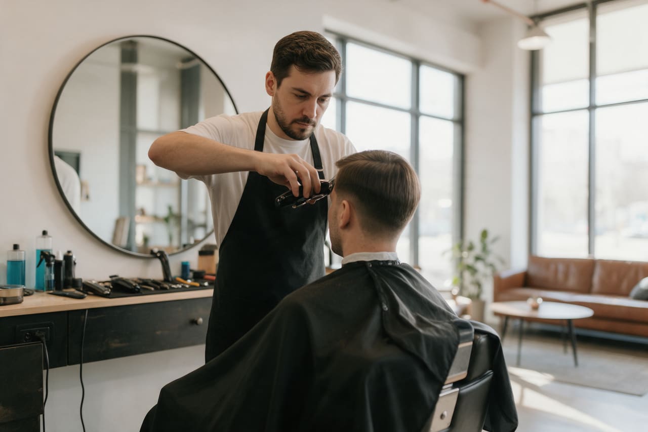 A barber’s hands on the cut, the phone nowhere in them.