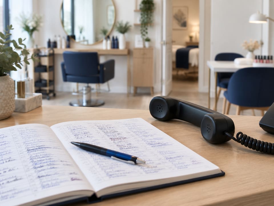 An open paper appointment book on a salon reception counter, entries crossed out and rewritten, a pen across the page and the phone handset lying off the hook beside it — the job Rebookly takes away.