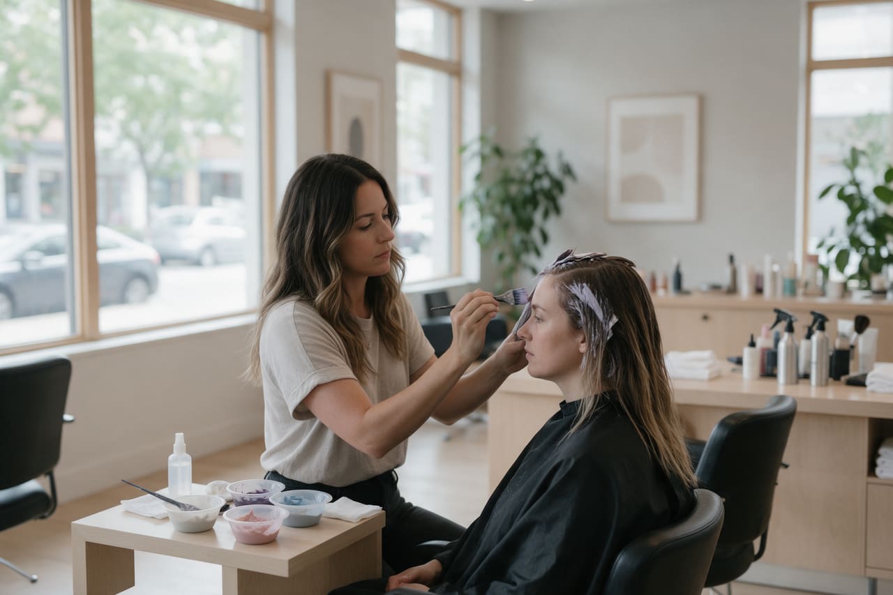 A stylist part-way through applying colour, both hands committed.
