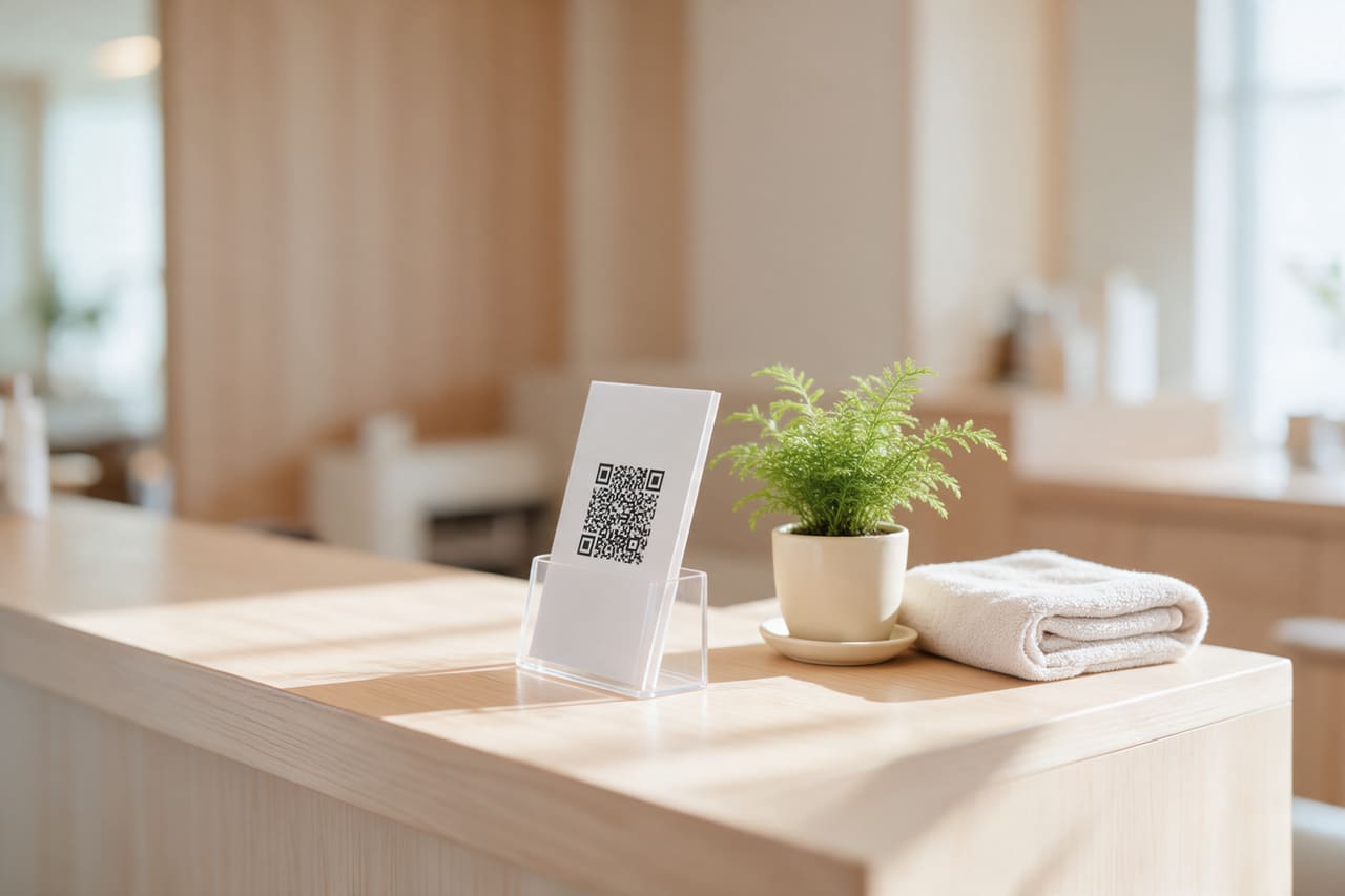 A small card showing a QR code, standing in a slim holder on a salon reception counter. From the customer's side this is the entire system — one card, and nothing else to install or fill in.