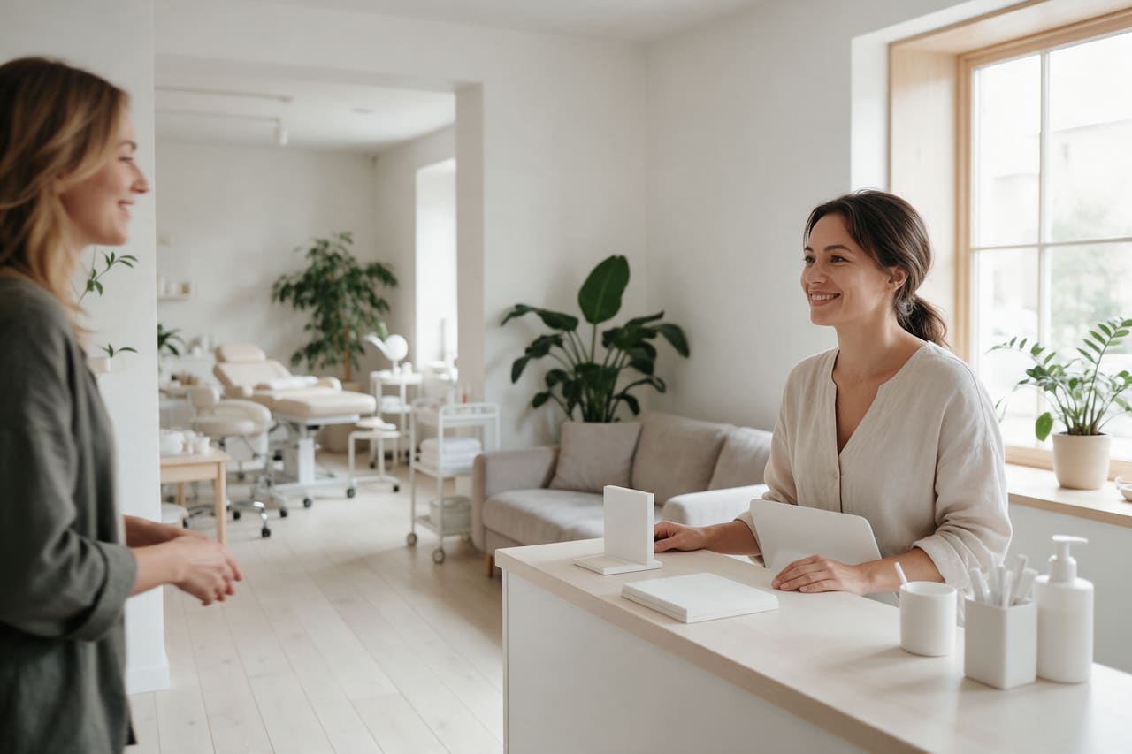 An owner greeting a client who has just walked in, giving them full attention instead of a phone.