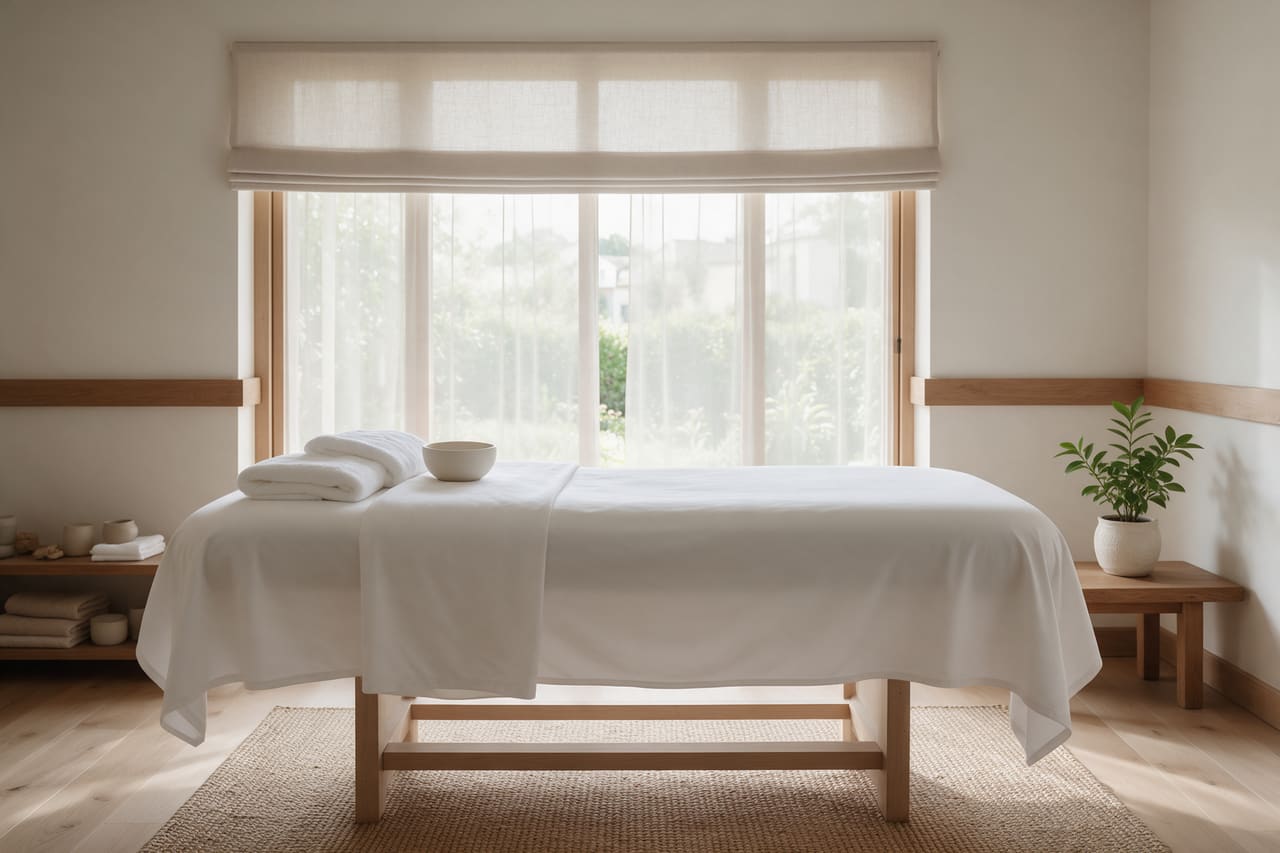 A treatment room prepared and still, with no phone anywhere in it.